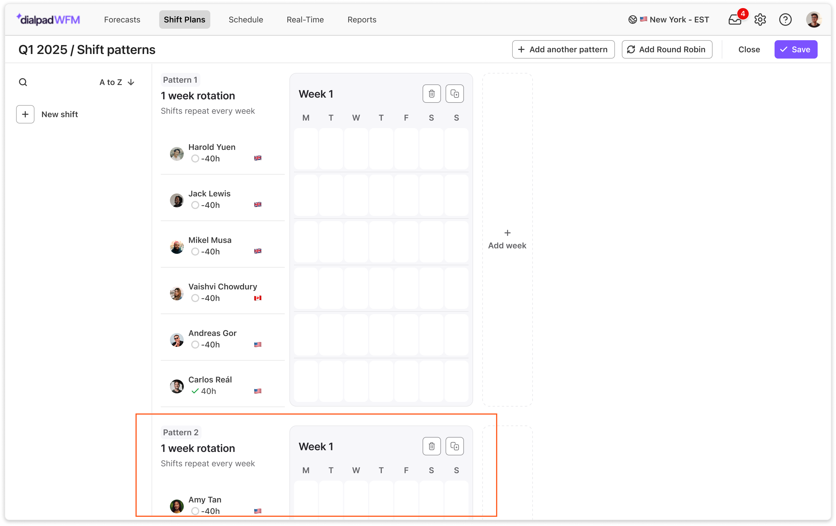 Shift patterns for Q1 2025, showing employee schedules and rotation details.